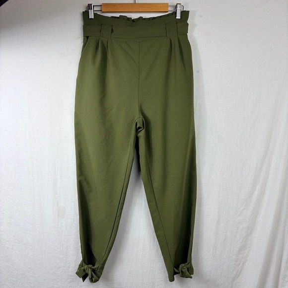 Paper Bag Pants Sz Large Olive Green Bow Tie Pull On High Waist Tapered Ankle - Picture 2 of 13
